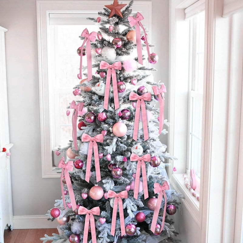 Hongsome 12Pcs Pink Velvet Bows Christmas Tree Decorations,5in x 10in Valentines Day Ornaments for Tree Home Coquette Room Birthday Party Front Door Wedding Holiday Decor - Image 4