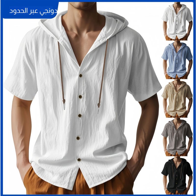 Men's Cotton-Linen Hooded Short Sleeve Shirt - Image 1