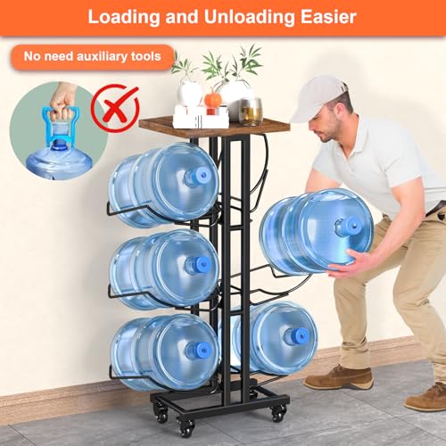Dataroad Selead 5 Gallon Water Jug Holder,3 Tier Foldable Heavy Duty Water Jug Stand Water Bottle Holder Organizer with Lockable Casters Water Dispenser Stand Rack with Removable Wood Top Shelf for 6 Bottles，Brown - Image 5