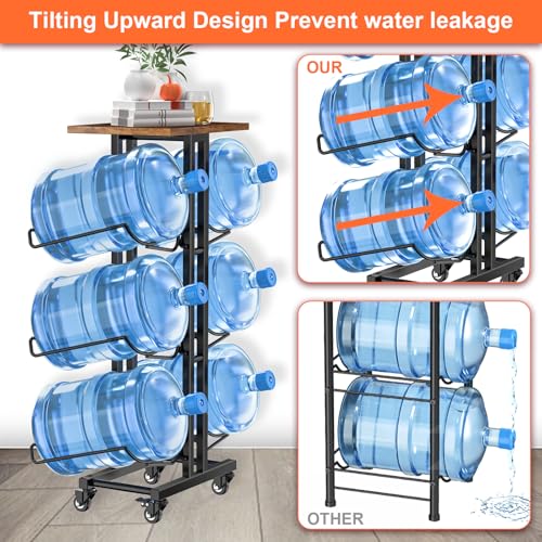 Dataroad Selead 5 Gallon Water Jug Holder,3 Tier Foldable Heavy Duty Water Jug Stand Water Bottle Holder Organizer with Lockable Casters Water Dispenser Stand Rack with Removable Wood Top Shelf for 6 Bottles，Brown - Image 4