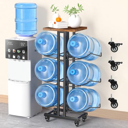 Dataroad Selead 5 Gallon Water Jug Holder,3 Tier Foldable Heavy Duty Water Jug Stand Water Bottle Holder Organizer with Lockable Casters Water Dispenser Stand Rack with Removable Wood Top Shelf for 6 Bottles，Brown - Image 1