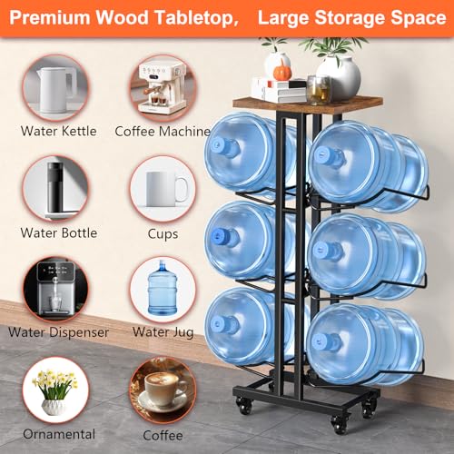 Dataroad Selead 5 Gallon Water Jug Holder,3 Tier Foldable Heavy Duty Water Jug Stand Water Bottle Holder Organizer with Lockable Casters Water Dispenser Stand Rack with Removable Wood Top Shelf for 6 Bottles，Brown - Image 3