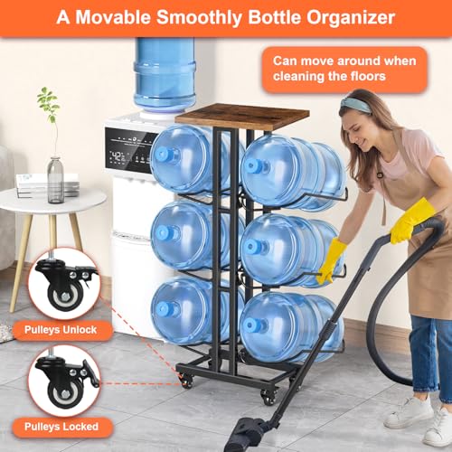 Dataroad Selead 5 Gallon Water Jug Holder,3 Tier Foldable Heavy Duty Water Jug Stand Water Bottle Holder Organizer with Lockable Casters Water Dispenser Stand Rack with Removable Wood Top Shelf for 6 Bottles，Brown - Image 2