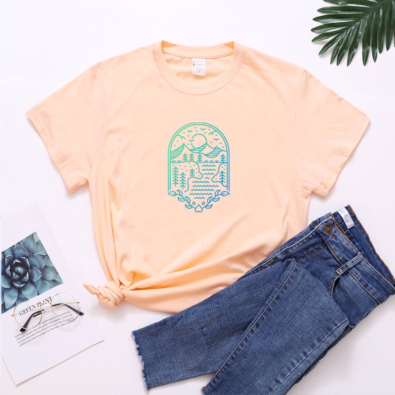 2023 Summer Cross-border Women's Independent Station New Women's T-shirt Short-sleeved Base Shirt Sunset Printed Top wish - Image 1