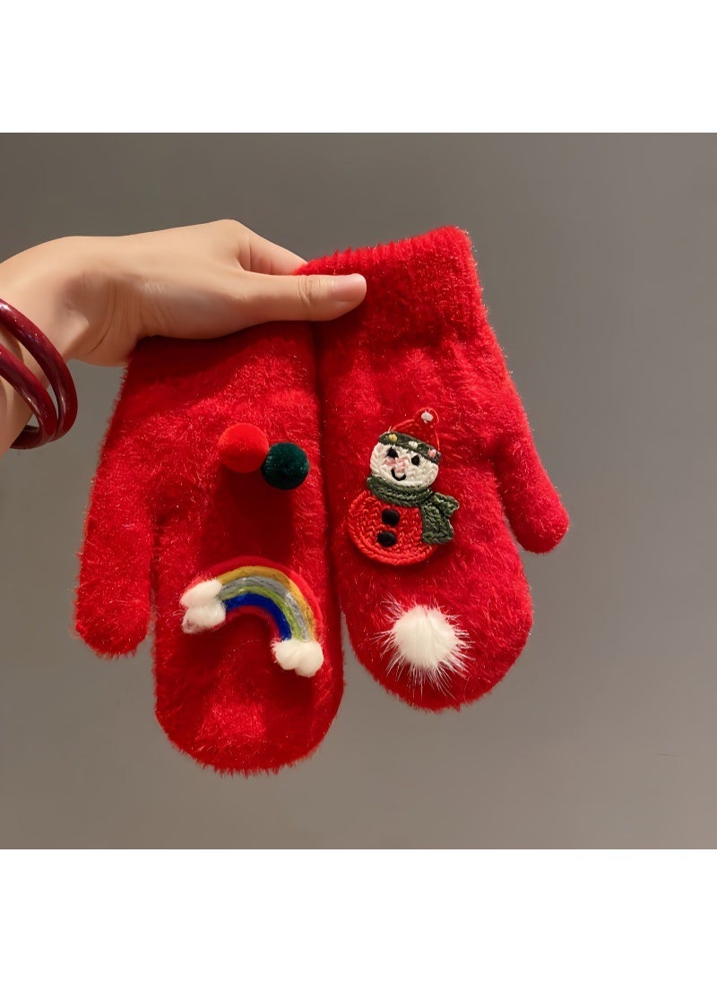 2024 Sweet Girl Cute Thickened Warm Gloves for Students 2#Red rainbow snowman