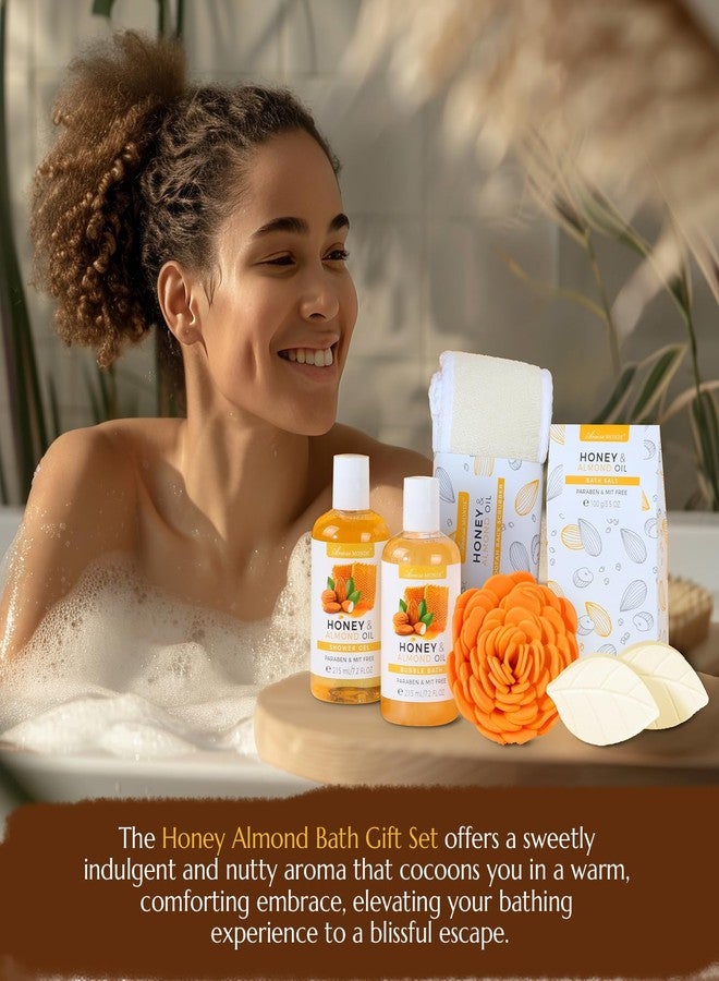 ايروس موند سلة هدايا سبا للاستحمام، مجموعة هدايا للعناية بالجسم للنساء والرجال، تتضمن جل استحمام، رغوة استحمام، ملح استحمام، إسفنجة استحمام، علبة هدايا سبا لعيد الأم، عيد ميلاد، زفاف، عسل ولوز 8 قطع - Image 4