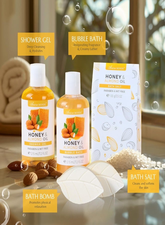 ايروس موند سلة هدايا سبا للاستحمام، مجموعة هدايا للعناية بالجسم للنساء والرجال، تتضمن جل استحمام، رغوة استحمام، ملح استحمام، إسفنجة استحمام، علبة هدايا سبا لعيد الأم، عيد ميلاد، زفاف، عسل ولوز 8 قطع - Image 3