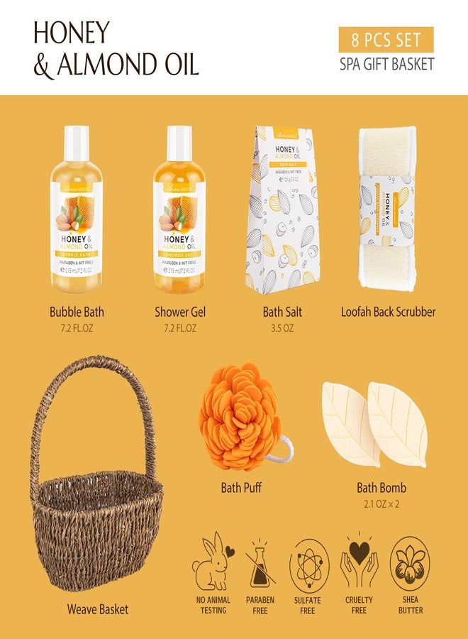 ايروس موند سلة هدايا سبا للاستحمام، مجموعة هدايا للعناية بالجسم للنساء والرجال، تتضمن جل استحمام، رغوة استحمام، ملح استحمام، إسفنجة استحمام، علبة هدايا سبا لعيد الأم، عيد ميلاد، زفاف، عسل ولوز 8 قطع - Image 2
