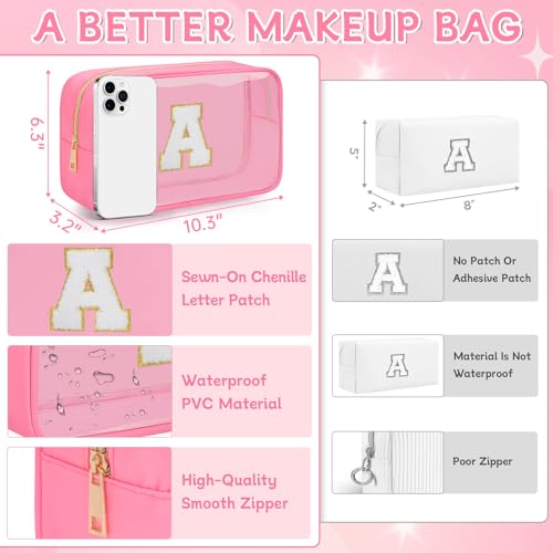 WELIDAY Initial Clear Makeup Bag, Birthday Gift Preppy Chenille Patch Cosmetic Bag, Initial Travel Essentials Beach Toiletry Pouch, Ideal Gift for Teachers & Moms, Women and Girls (Pink, A) - Image 2