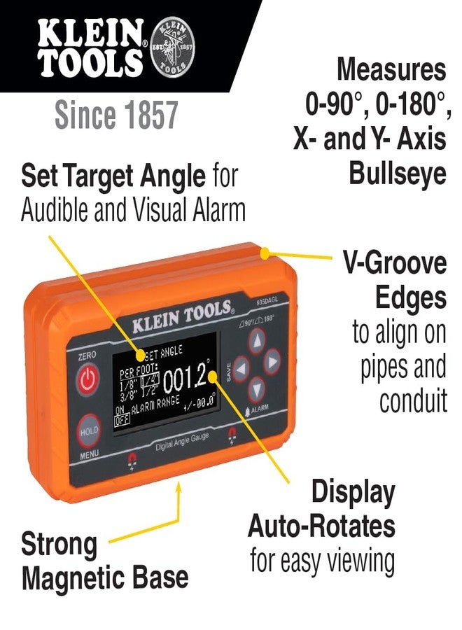 Klein Tools 935DAGL Digital Level Angle Finder with Programmable Angles, Measures 0-90 and 0-180 Degree or Dual Axis Bullseye Ranges - Image 3