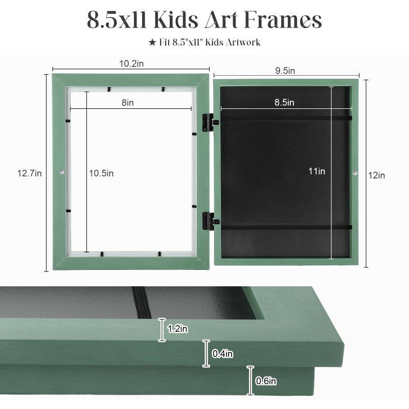 GULETHUN [2-Pack] Kids Art Frames  8.5x11 Front Opening Kids Artwork Frames Changeable  Olive Green Artwork Display Storage Frame for Wall  Holds 50 Pcs  for 3D Picture  Crafts  Children Drawing  Hanging Art - Image 3