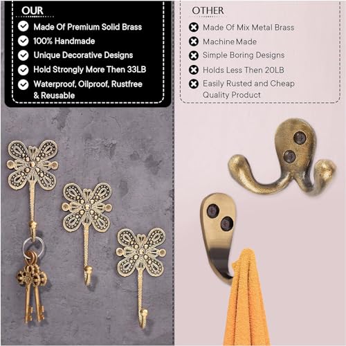 Indian-Shelf Decorative Wall Hooks - Brass Wall Hooks with Floral Design - Shabby Chic Towel Rack & Vintage Key Hooks - Boho Style - Gold & Antique Brass Finish - 3 Pieces - Image 4