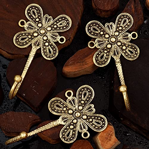 Indian-Shelf Decorative Wall Hooks - Brass Wall Hooks with Floral Design - Shabby Chic Towel Rack & Vintage Key Hooks - Boho Style - Gold & Antique Brass Finish - 3 Pieces - Image 1