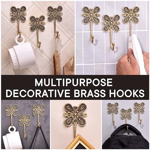 Indian-Shelf Decorative Wall Hooks - Brass Wall Hooks with Floral Design - Shabby Chic Towel Rack & Vintage Key Hooks - Boho Style - Gold & Antique Brass Finish - 3 Pieces - Image 5