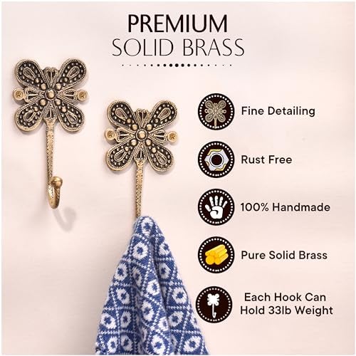 Indian-Shelf Decorative Wall Hooks - Brass Wall Hooks with Floral Design - Shabby Chic Towel Rack & Vintage Key Hooks - Boho Style - Gold & Antique Brass Finish - 3 Pieces - Image 2