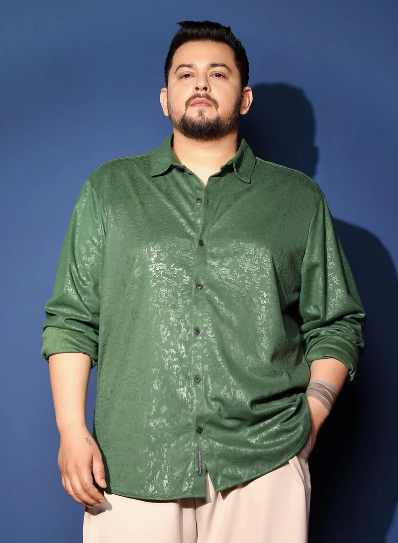 Instafab Plus Instafab Plus Men's Forest Green Corroded-Tactile Shirt For Casual Wear | Spread Collar | Long Cuffed Sleeves | Button Closure | Plus Size Shirt Crafted With Comfort Fit For Everyday Wear