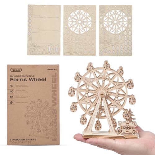 Prextex Ferris Wheel 3D Puzzle Wooden 115 Precision Pieces Sturdy Wood No Glue Needed for Assembly Fun Educational for Ages 8 Ideal for Hobbyists Collectors Decor Gifts - Image 1
