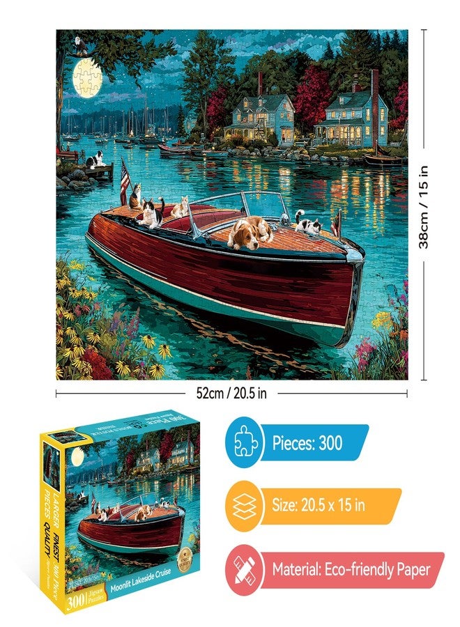 EIYRURU 300 Piece Puzzles for Adults, 300 Piece Puzzles for Adults Large Piece, Nighttime Lake Boat Dogs Cats Jigsaw Puzzle Funny Gift for Adult Kids Challenging Family Games Toy, 20.5 X 15 in - Image 2