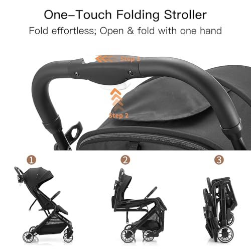 Gromast Compact Fold Baby Stroller, Lightweight Travel Toddler Stroller with One-Click Fold, Extendable UPF50+ Canopy, Cup Holder, UV Protected and Waterproof, One-Hand Folding - Black - Image 2