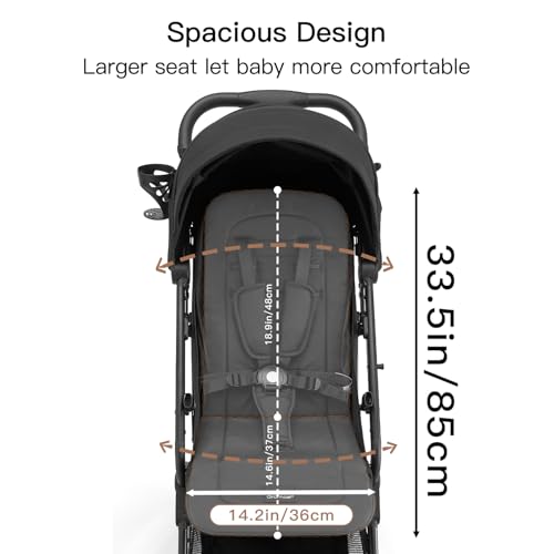 Gromast Compact Fold Baby Stroller, Lightweight Travel Toddler Stroller with One-Click Fold, Extendable UPF50+ Canopy, Cup Holder, UV Protected and Waterproof, One-Hand Folding - Black - Image 4