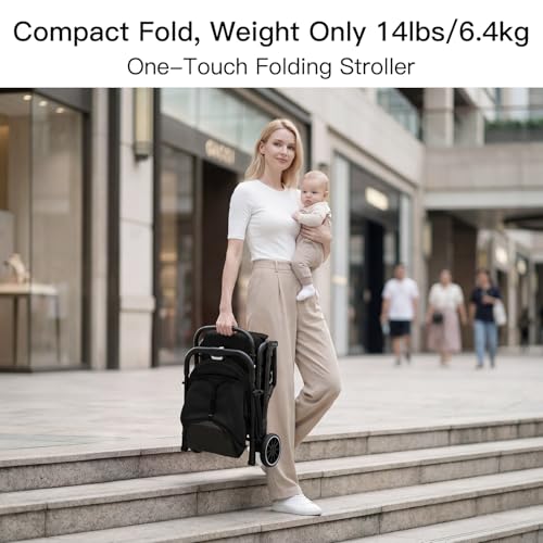 Gromast Compact Fold Baby Stroller, Lightweight Travel Toddler Stroller with One-Click Fold, Extendable UPF50+ Canopy, Cup Holder, UV Protected and Waterproof, One-Hand Folding - Black - Image 3