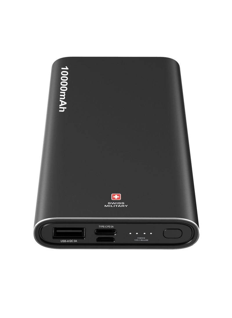 SWISS MILITARY - Chandoline PD Power Bank 10000MAH: High-Speed Charging, 20W Output, 50% Charge in 30 Minutes* - Type-C, Micro and USB Inputs. Compatible with Apple, Samsung & More. Black - Image 1