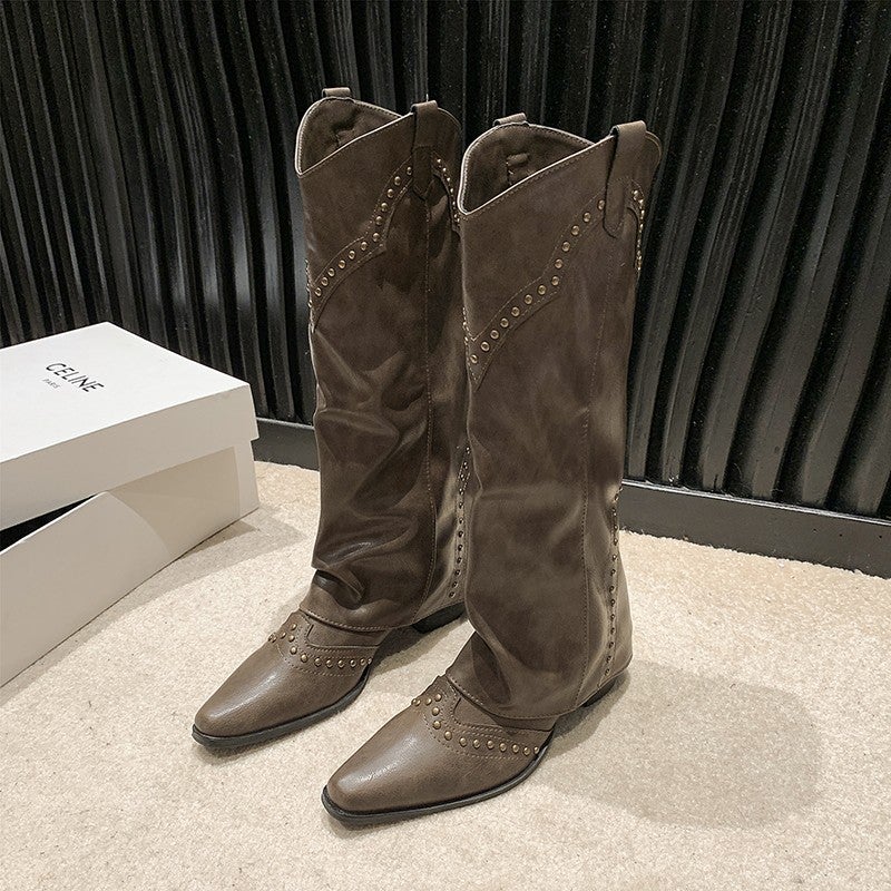 Pointed Western Cowboy Boots Women'S Summer And Autumn New Rivet Trouser Boots Thick Heel Long Fashion Boots Tide Batch - Image 2