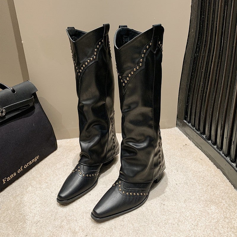 Pointed Western Cowboy Boots Women'S Summer And Autumn New Rivet Trouser Boots Thick Heel Long Fashion Boots Tide Batch - Image 5