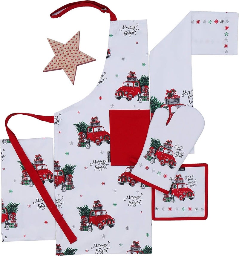 AMOUR INFINI AMOUR INFINI Oven Mitts and Pot Holders with Chef Apron and Kitchen Towel 5 Piece Washable  Reusable Christmas Kitchen Decor Gift Set for Festive Cooking  Decorative Design  Functional - Image 1