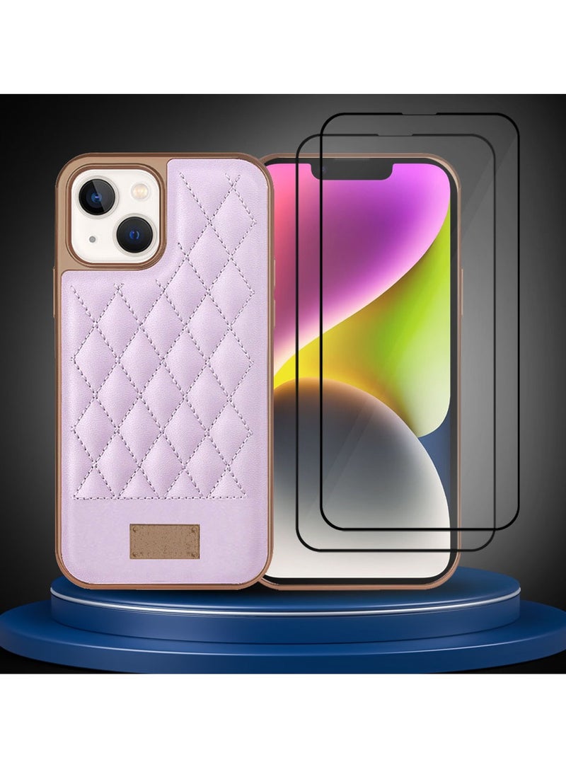 ONEGIF iPhone 14 Luxury PU Leather Case and 2 Screen Protectors 3D Embroidery Series Heavy Duty Shockproof with Electroplating Frame Leather Girl Mobile Phone Case Purple - Image 2