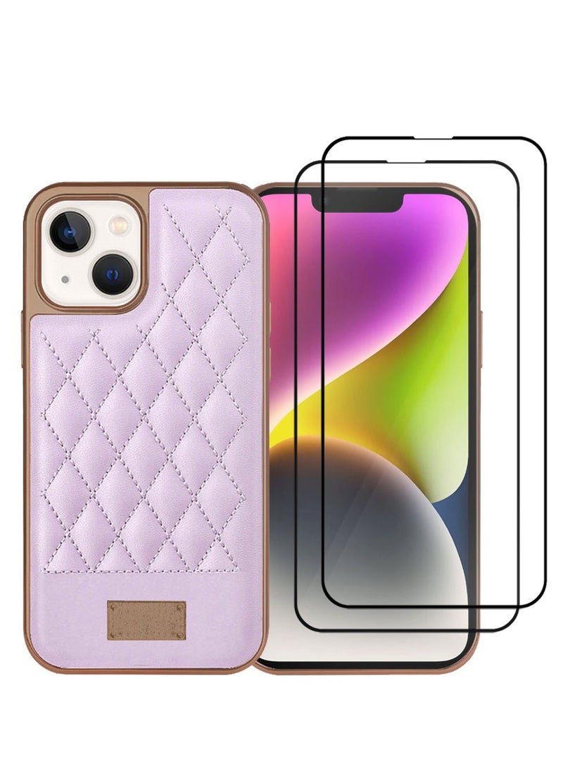 ONEGIF iPhone 14 Luxury PU Leather Case and 2 Screen Protectors 3D Embroidery Series Heavy Duty Shockproof with Electroplating Frame Leather Girl Mobile Phone Case Purple - Image 1