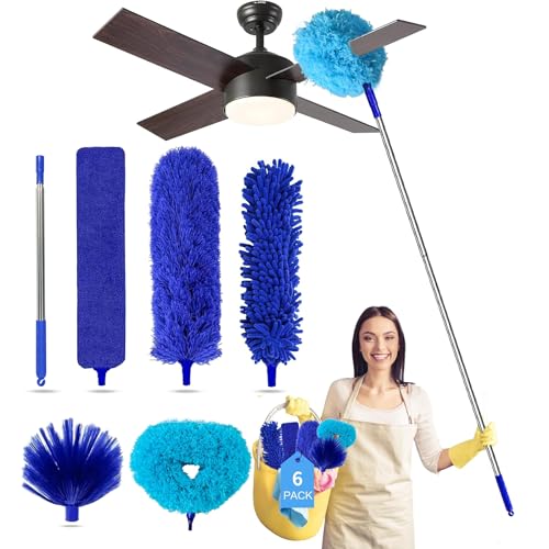 Tiumso Ceiling Fan Cleaner Dusters for Cleaning 6in1 Kit Cobweb Duster with Extension Pole 100 Inches High Ceiling Fan Blade Cleaners with 5 Reuseable Dusting Heads for Windows and Blinds Blue - Image 1