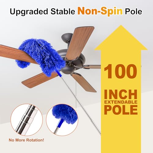 Tiumso Ceiling Fan Cleaner Dusters for Cleaning 6in1 Kit Cobweb Duster with Extension Pole 100 Inches High Ceiling Fan Blade Cleaners with 5 Reuseable Dusting Heads for Windows and Blinds Blue - Image 3