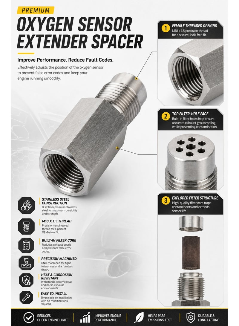 RATSAW Universal O2 Oxygen Sensor Spacer Adapter, M18×1.5 Stainless Steel Bung Extender with Filter for Exhaust System - Image 5