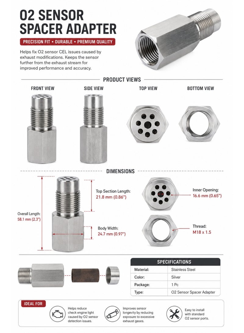 RATSAW Universal O2 Oxygen Sensor Spacer Adapter, M18×1.5 Stainless Steel Bung Extender with Filter for Exhaust System - Image 2