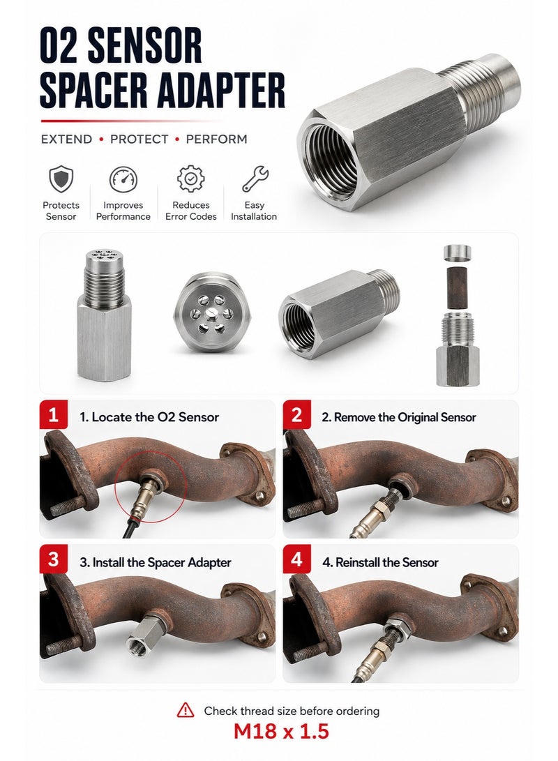 RATSAW Universal O2 Oxygen Sensor Spacer Adapter, M18×1.5 Stainless Steel Bung Extender with Filter for Exhaust System - Image 4