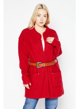 IKKS Women Belted Split Neck Textured Cardigan, Red  - Image 1