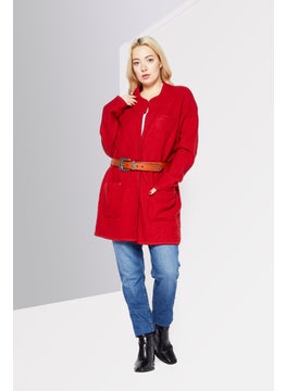 IKKS Women Belted Split Neck Textured Cardigan, Red  - Image 2