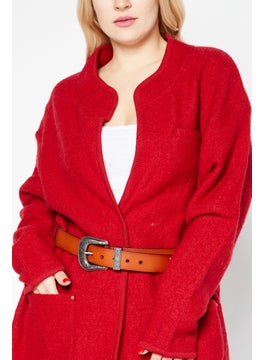 IKKS Women Belted Split Neck Textured Cardigan, Red  - Image 4