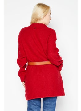 IKKS Women Belted Split Neck Textured Cardigan, Red  - Image 3