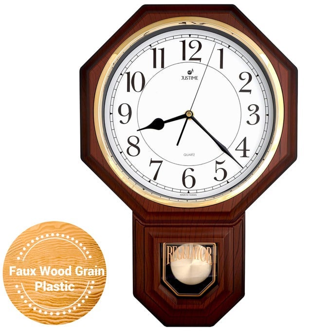 TRADITIONAL SCHOOLHOUSE EASY TO READ PENDULUM PLASTIC WALL CLOCK CHIMES EVERY HOUR WITH WESTMINSTER MELODY MADE IN TAIWAN 4AA BATTERIES INCLUDED PP0258WDW DARK WOODEN GRAIN