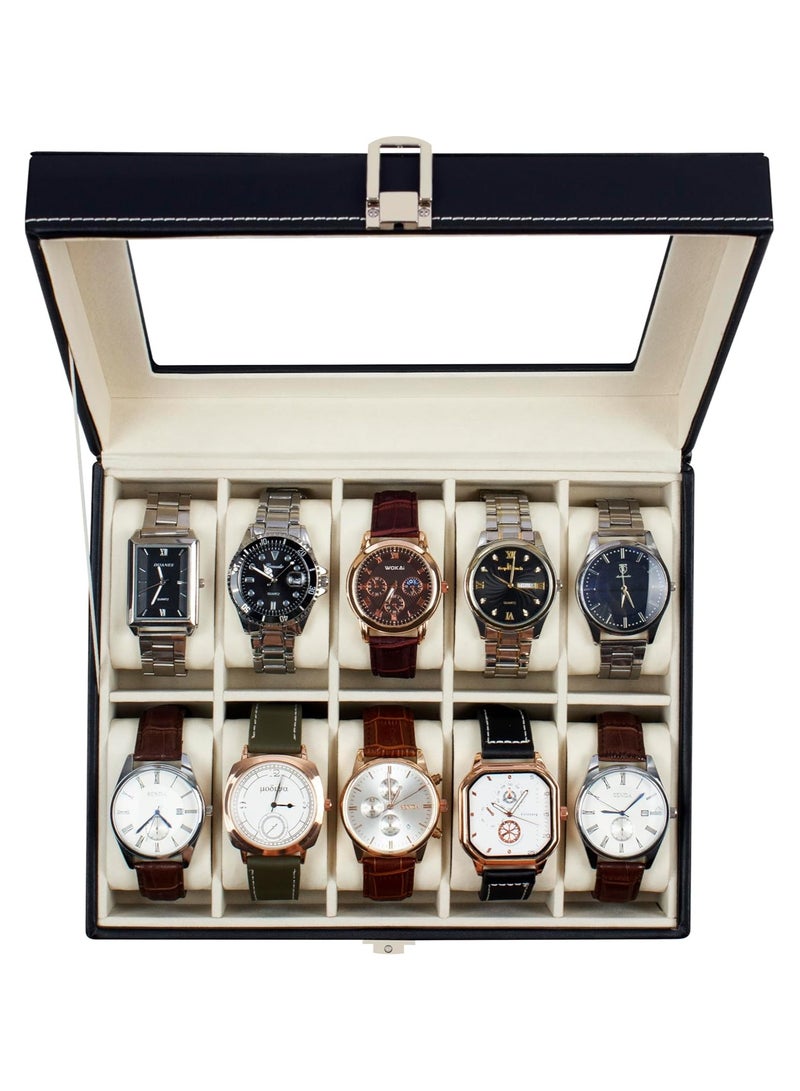 صندوق ساعة بيغوم  بـ 10 فتحات، منظم تخزين زجاجي مع جلد البولي يوريثين للرجال والنساء - Image 1