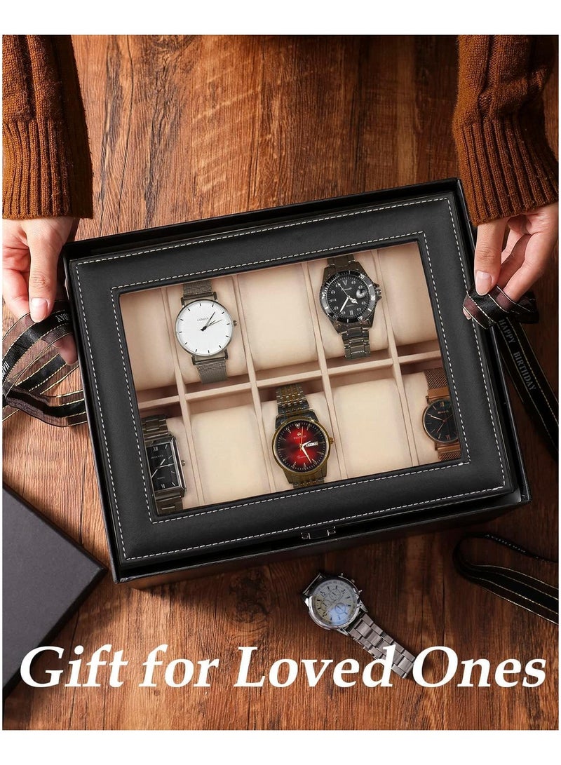 صندوق ساعة بيغوم  بـ 10 فتحات، منظم تخزين زجاجي مع جلد البولي يوريثين للرجال والنساء - Image 5