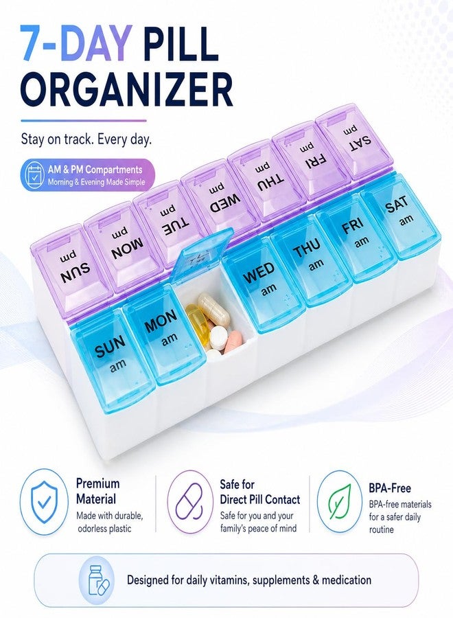 Gtheimn Extra Large 7 Day Pill Organizer AM PM, Weekly Pill Box Twice a Day, Daily Medication Dispenser and Pill Case for Vitamins, Fish Oil, Supplements (Purple/Blue - Image 3