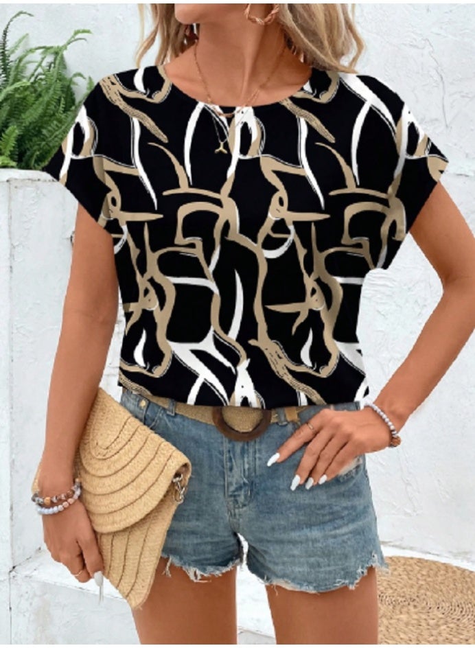 Shein SHEIN LUNE Casual Minimalist Geometric Print Women Round Neck Blouse, Suitable For Summer,Spring Break  - Image 1