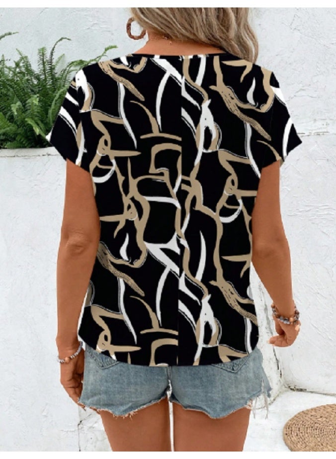 Shein SHEIN LUNE Casual Minimalist Geometric Print Women Round Neck Blouse, Suitable For Summer,Spring Break  - Image 3