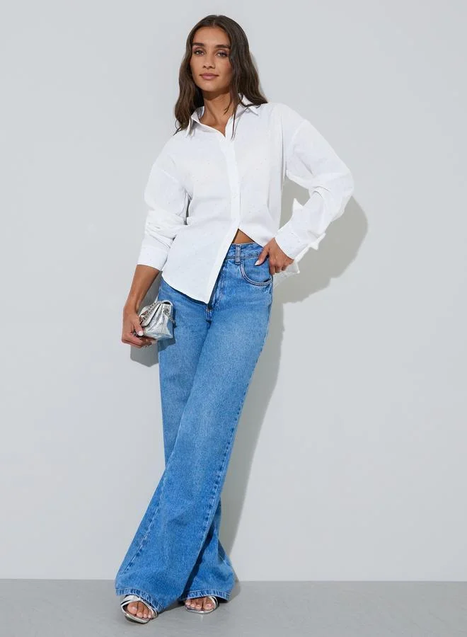 ستايلي White Embellished Long Sleeves Oversized Shirt