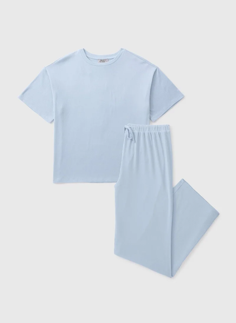 ماتلان Blue Ribbed Wide Leg Pyjama Set