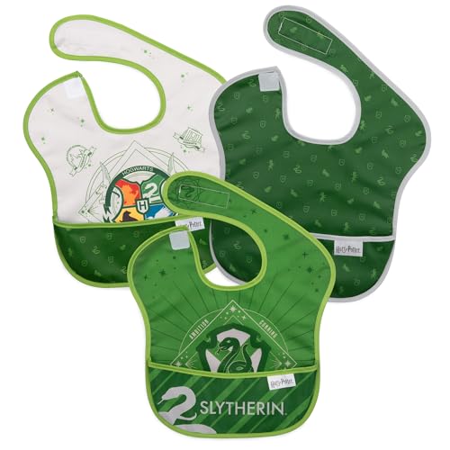 Bumkins Bibs for Girl or Boy, SuperBib Baby and Toddler for 6-24 Months, Essential Must Have for Eating, Feeding, Baby Led Weaning, Mess Saving Waterproof Soft Fabric, 3-pk Harry Potter Slytherin - Image 1