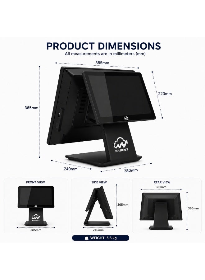 BASEET Dual Screen All-in-One POS System Core i5 6th Gen Baseet 15.6 Inch + 10.1 Inch | 8GB RAM | 128GB SSD | WiFi Bluetooth | LAN Ethernet | 5 USB Ports - Image 2